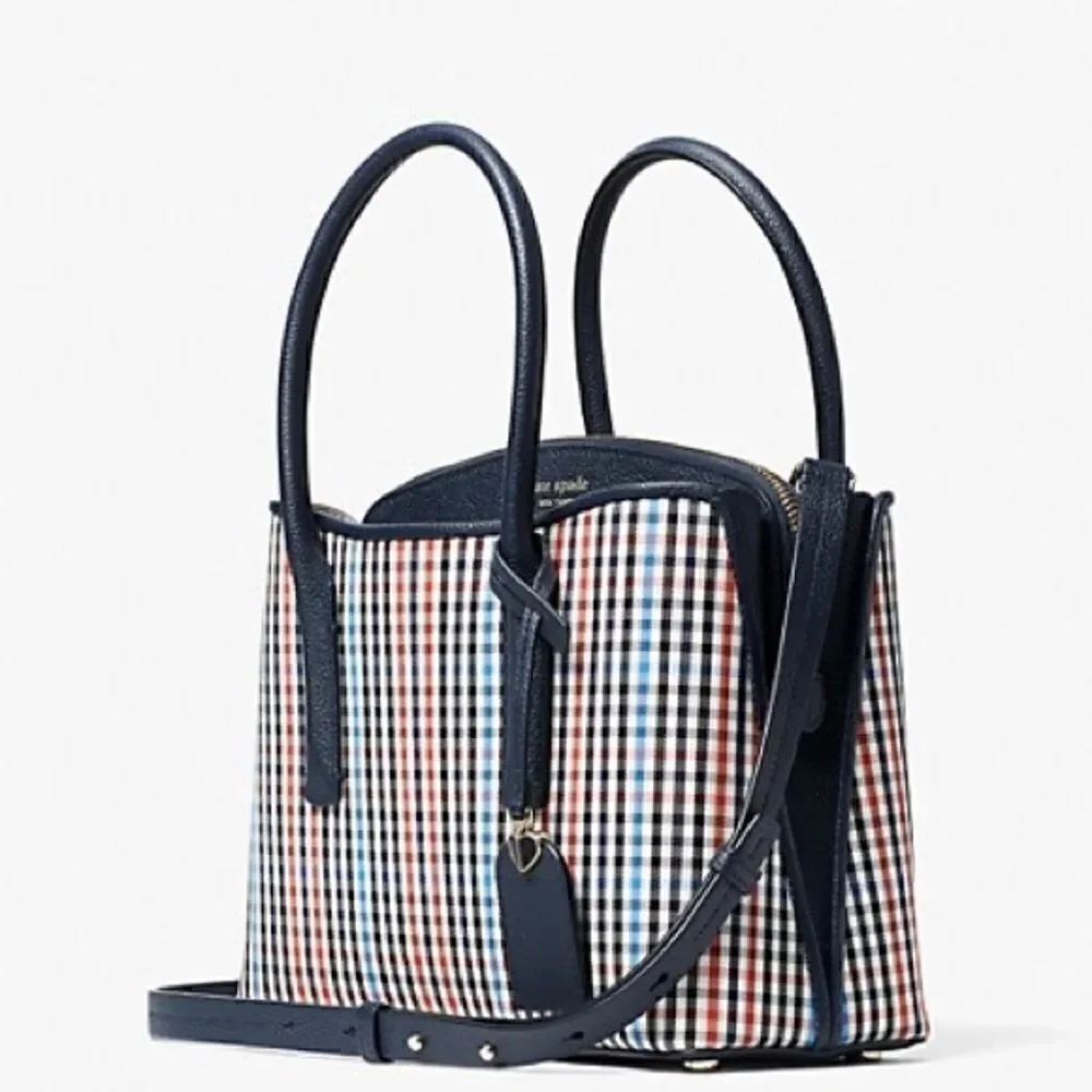 KATE SPADE MARGAUX MEDIUM SATCHEL HANDBAG IN BLUE RED BLACK PLAID + LEATHER TRIM
